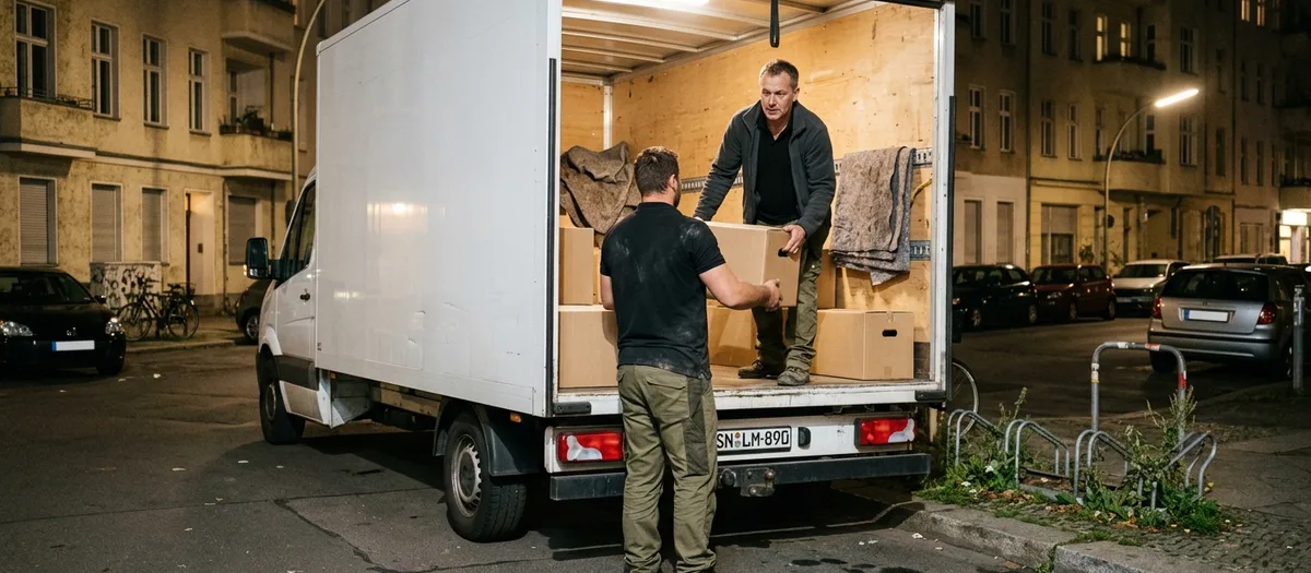 Beladung nach Einbruch der Dunkelheit, der Laderaum ist erleuchtet, ein Karton wird gereicht
