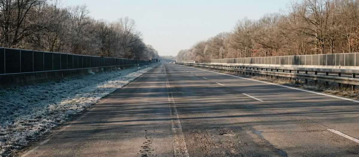 Leere Autobahn im klaren Winterlicht zwischen Lärmschutzwänden, Raureif am Randstreifen
