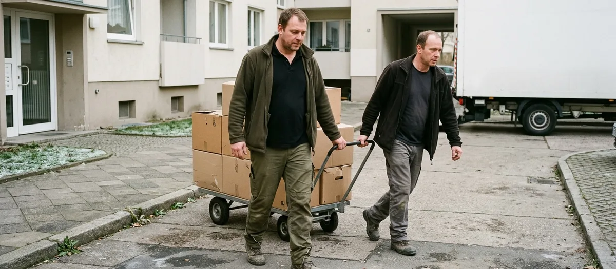 Zwei Träger ziehen einen beladenen Plattenwagen über den Innenhof zwischen zwei Blöcken