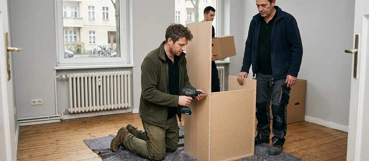 Ein Träger schraubt einen Schrankkorpus zusammen, zwei Kollegen bringen Böden und Kartons