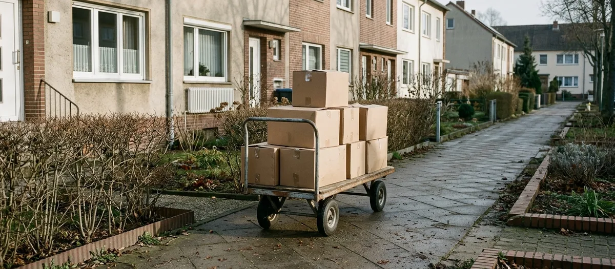 Reihenhauszeile mit schmalen Vorgärten, ein beladener Plattenwagen auf dem Plattenweg