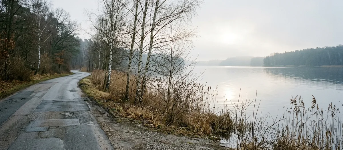 Landstraße am Ufer eines flachen Sees, kahle Birken am Rand, Nebel über dem Wasser