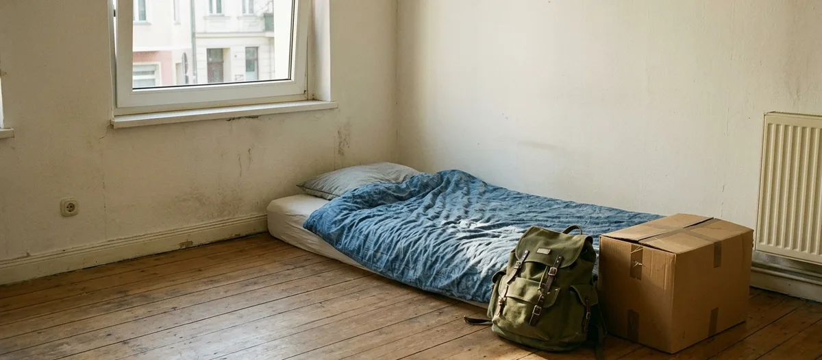 Fast leeres Zimmer mit Matratze am Boden, Rucksack daneben und einem geschlossenen Karton